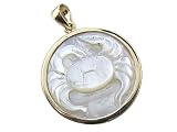 White Mother Of Pearl Round Crab Cameo Pendant, 14k Gold