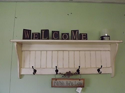 Wood Coat Rack Country Primitive Antiqued Distressed Wall Shelf Antiqued White 36"