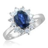 Natural Sapphire and Diamond Engagement Ring in 14k White Gold Halo Ring (G, SI2, 2.10 cttw), 8x6mm, Certificate of Authenticity
