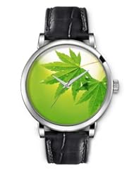 SPRAWL Aanalog Fashion Series Silver Ladies Watches of Genuine Black Leather Strap,Unique Wrist Watch for Women Girls Designed with Green maple leaves