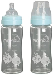 Momo Baby 2-Pack Wide Neck Laboratory Grade Borosilicate Glass Bottles, Blue, 9 Ounce