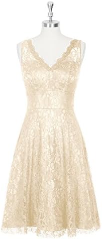 Emyrin Lace Champagne Bridesmaid Dresses Knee-length A-line Illusion Neckline