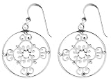 Sterling Silver Open Filigree Circle with Clover Cross Center Drop Earrings