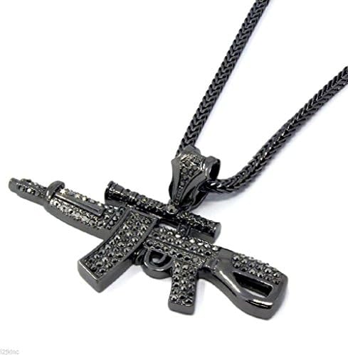 POPLife Gray Iced Out Ak47 Riffle Gun Pendant Hip-Hop 36" Inch Franco Necklace Chain