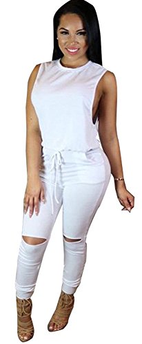 Kearia Women Casual Sleeveless Drawstring Knee Hole Long Pants Jumpsuits Rompers
