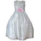 Flower Girl Dresses with Pink Flower Accents and Pearl Beads (Size 2 to 10)