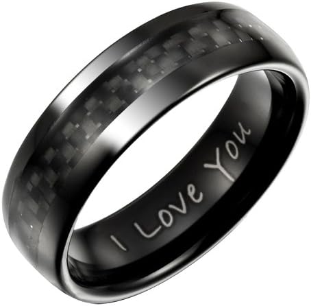 Willis Judd New Mens Band Ring engraved 'I Love You' with Black Carbon Fiber, packed in a Free Gift Box.