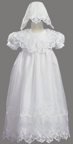 White Embroidered Organza Christening Baptism Gown with Bonnet