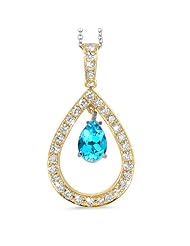 Twin Pear Shaped Diamond Pendant In 18K Yellow Gold With A 1.00 ct. Genuine Blue Topaz Center Stone.