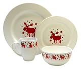 Waechtersbach Holiday Willie 16-Piece Dinnerware Place Setting, Service for 4, White with Cherry Moose