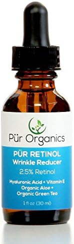 PUR Organics- THE BEST Retinol Serum, 2.5% Retinol, Hyaluronic Acid, Organic Green Tea, Organic Aloe, Vitamin E, Ferulic Acid, Jojoba Oil for Age Spots, Sun Damage, Wrinkle Reduction, Fine Lines, Acne, Blemishes, Even Skin Tone, Great for All Skin Types