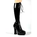 5 Inch Sexy High Heel Boot Stack Heel w/ 1 1/2 Inch Platform Black Stretch Patent