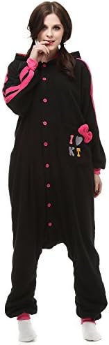 Unisex Adult Black Hello Kitty Cat Kigurumi Pajama Cosplay Costume Sleepwear Polar Fleece S