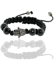 Hamsa Macrame Charm Gemstone Beads Bracelet Pave Diamond Silver Jewelry