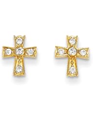 MadiK® Childrens 14k Yellow Gold Polished Religious Cross with CZ Post Earrings
