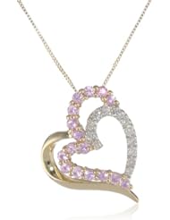 10k Yellow Gold Pink Sapphire and Diamond Heart Pendant Necklace, 18"