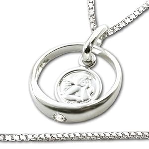 CLEVER SCHMUCK-SET Silberner Taufring Engel rund mit Zirkonia weiß ECHT SILBER 925 und Kette Venezia 36 cm