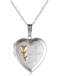 14k White Gold Engraved Heart Two-Tone Triple Heart Applique and "I Love You" Locket Necklace, 18"