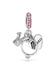 Bling Jewelry Silver Princess Heart Crown Pink CZ Ring Dangle Charm Fits Pandora