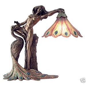Bronze Art Nouveau Nude Goddess Hera and Peacock Lamp Sculpture with Pink Cold Cast Resin Peacock Feather lamp Shade