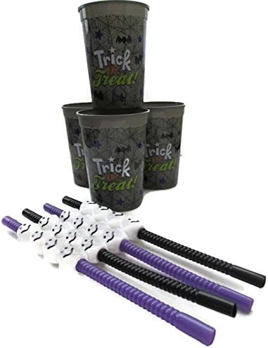 Not so Spooky Kids Halloween Plastic Cups and Straws Bundle - 2 Items: One Pack of 4 Plastic Cups and One Pack of 4 Plastic Straws (Gray &amp; Purple Trick Or Treat)
