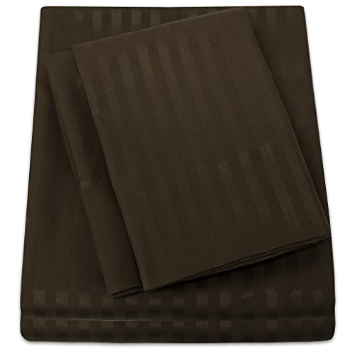 1500 Supreme Collection Dobby Striped Sateen 4 Piece Bed Sheet Set Deep Pocket - All Sizes, 23 Colors - Queen, Dobby Stripe Chocolate