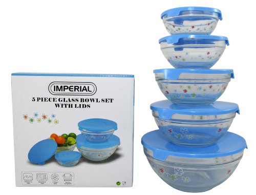 Imperial 5 Pcs Glass Nested Dipping or Storage Bowls with Blue Lids and Blue Flower Design