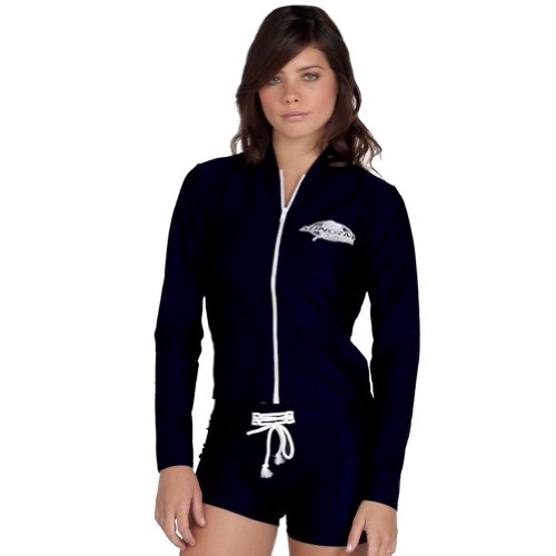 Women s Long Sleeve Zip Swim Jacket Zipper Front UV Sun Protection Navy