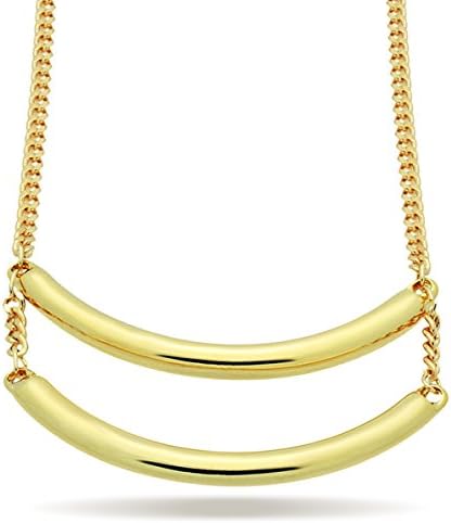 Double Tubes Necklace, Curved Bar Pendant, Dainty Modern Layering Jewelry Gold Tone Bar Necklace