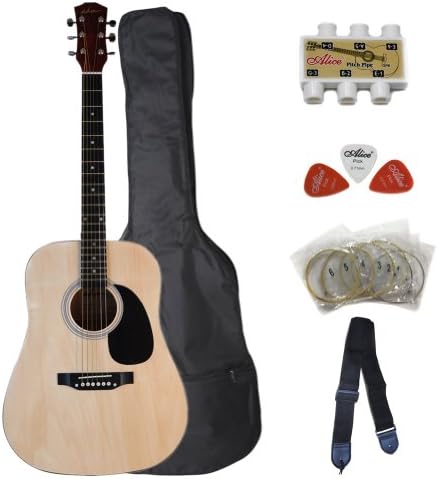 ADM 41 Inch Full Size Natural Gloss Wood Dreadnought Acousitc Guitar Package with Maple Guitar Neck and 6 Steel Strings, Perfect Beginner Acoustic Guitar with Accessories Set (Gig bag, Strap, Strings, Pitch Pipe and Picks Included)