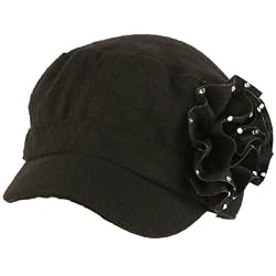 Elastafit Winter Ruffle Flower Crystals Knit Cadet Military Castro Hat Cap Black