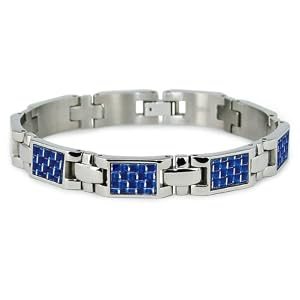 Titanium Men's Link Bracelet with Blue Carbon Fiber Accents (10mm Wide) 7.75 Inches