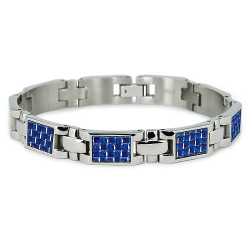 Titanium Men’s Link Bracelet with Blue Carbon Fiber Accents (10mm Wide) 7.75 Inches