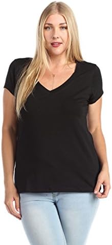 PLUS SIZE Womens Basic Jersey Cotton Wide V-Neck Short Sleeve Casual Tee Shirt Top (2XL, Black)