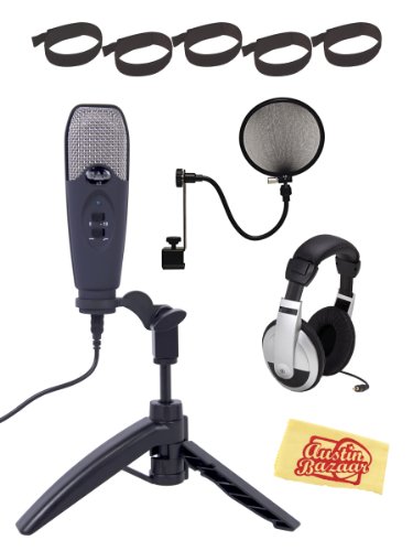 CAD U3 Limited Edition USB Studio Recording Microphone Bundle with Headphones, Velcro Cable Ties, Pop Filter, and Polishing Cloth - Midnight Blue