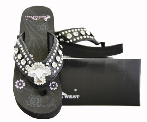 Montana West Women Wedged Flip Flops Crystal Cross Concho Black