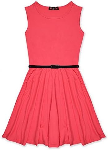Xsen Girls Skater Dresses Kids Party Dresses Belted New Age 7 8 9 10 11 12 13 Years, Coral, size 9-10 yrs