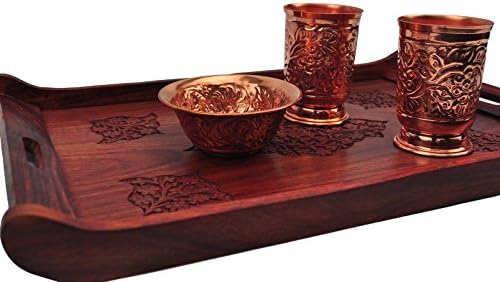 Rosewood Carved Wooden Coffee Tea Serving Tray 15" X 11" India