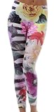 Petite One Size Capri Footless Cropped Floral and Black Stripes Stretch Leggings