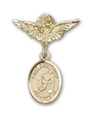 14K Gold Baby Badge with St. Sebastian/Soccer Charm and Angel with Wings Badge Pin