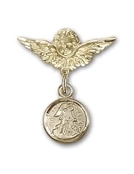 Gold Filled Baby Badge with Guardian Angel Charm and Angel w/Wings Badge Pin