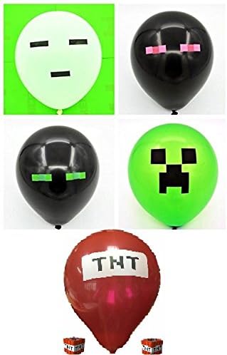 Mixed (Green / White / Black/ Red) Pixelated Balloons - 12 Inch Latex Party Balloons - 25 Count