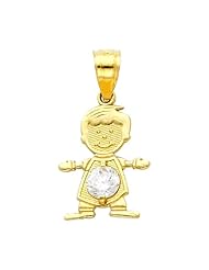 14K Yellow Gold April CZ Birthstone Boy Charm Pendant for Baby and Children (White Tapaz)