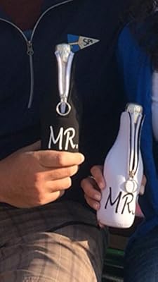 Mr. And Mrs. Drink Coolers - Bridal Shower - Bachelorette Party - Wedding Gift - Champagne Beer Beverage Bottle Holder - Zippered Neoprene Insulated Holder - Black and White - One Set