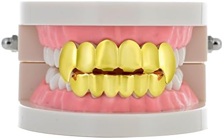 New Custom 14k Gold Plated Hip Hop Teeth Grillz Caps Top &amp; Bottom Grill Fang Set
