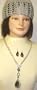 Sterling Silver Plated Medium Chain Necklace Large Crystals Pendant Earrings with Hand Crocheted Silver Gimp Skull Cap