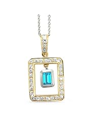 Twin Rectangular Shaped Diamond Pendant In 18K Yellow Gold With A 0.60 ct. Genuine Blue Topaz Center Stone.