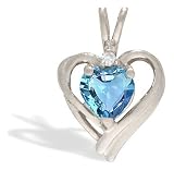 14K White Gold Genuine Heart Blue Topaz and Diamond Pendant