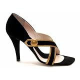 Emilio Pucci Black Suede Strappy High Heel Sandals with Metallic Gold Leather Trim