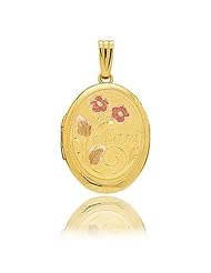 14K 3 Tone Gold Oval Floral "Mom" Locket (21 x 15 mm)